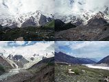 13 Trek To Nanga Parbat Base Camp Passing Ganalo Glacier, Chongra Peak In Clouds Above Rakhiot Glacier, Looking Back Towards Fairy Meadows We crossed the Ganalo Glacier with Chongra Peak in the clouds above the Rakhiot Glacier, and then looked back towards Fairy Meadows.